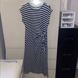 LOFT Blue and White A-Line Midi Dress with Cap Sleeves